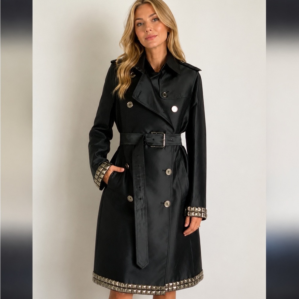 Burberry London Black Trench Coat with Silver Accents size 4
